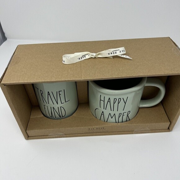Rae Dunn Travel Fund Coin Bank Change Jar Camping/Travel Set Happy Camper Mug - Picture 2 of 14